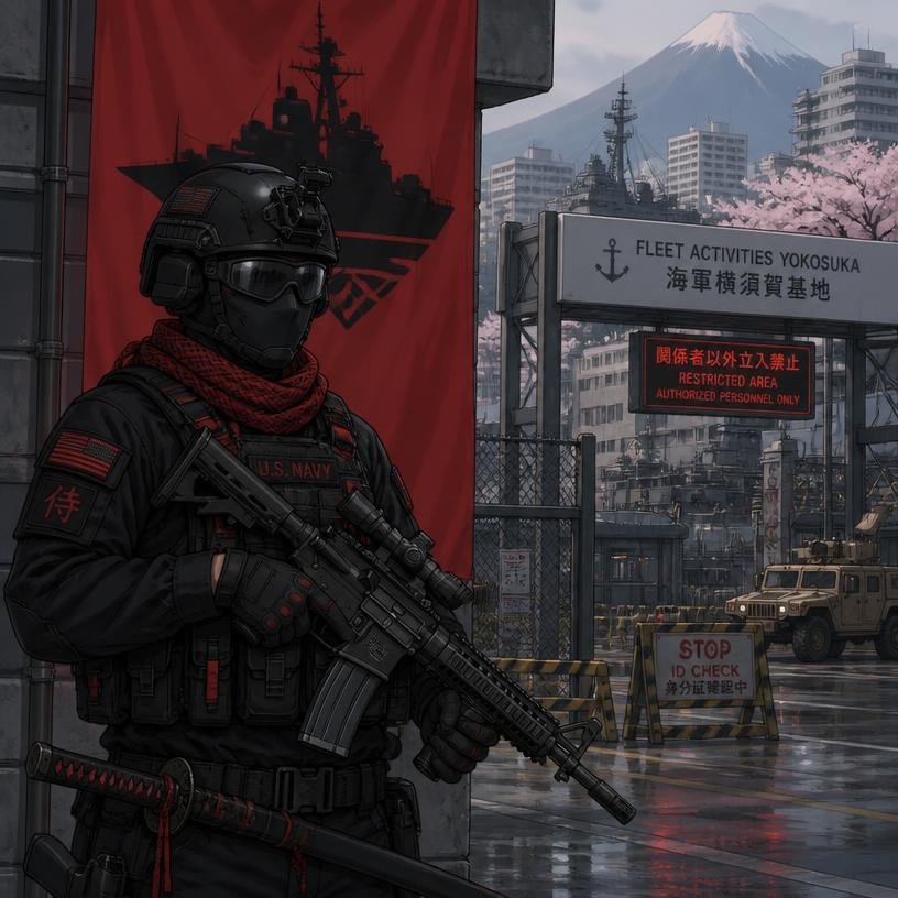 anime style, modern american soldier standing guard holding assault rifle, wearing standard american military helmet, face covered with basic face mask and military-grade glasses, black military outfi
