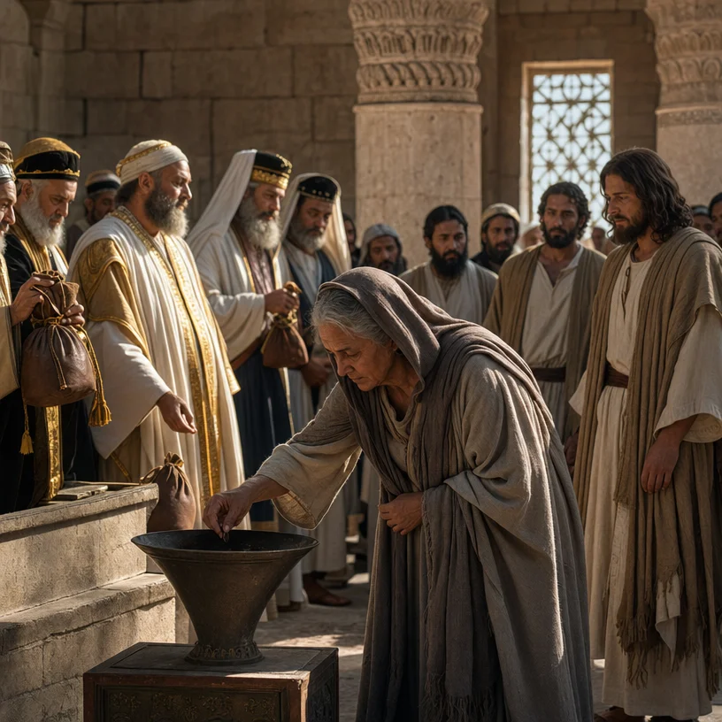 photorealistic, RAW photo, a biblical scene inside the ancient Temple Treasury in Jerusalem at golden hour, an elderly widowed woman in simple worn linen robes standing humbly at the offering chest, d
