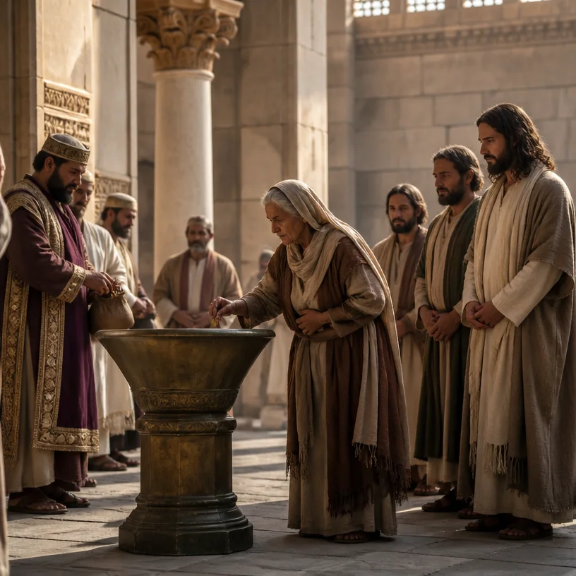 photorealistic, RAW photo, inside the ancient Temple Treasury of Jerusalem at golden hour, an elderly widow in simple worn linen robes stands humbly before the bronze trumpet-shaped offering chest and