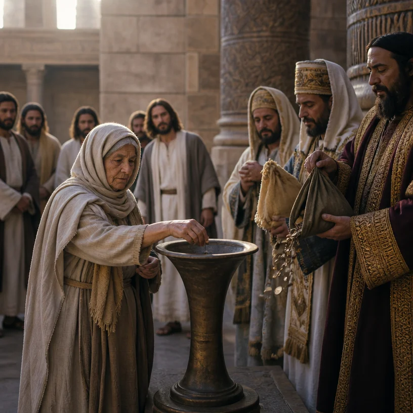 photorealistic, RAW photo, inside the ancient Temple Treasury of Jerusalem at golden hour, an elderly widow in simple worn linen robes stands humbly before the bronze trumpet-shaped offering chest and