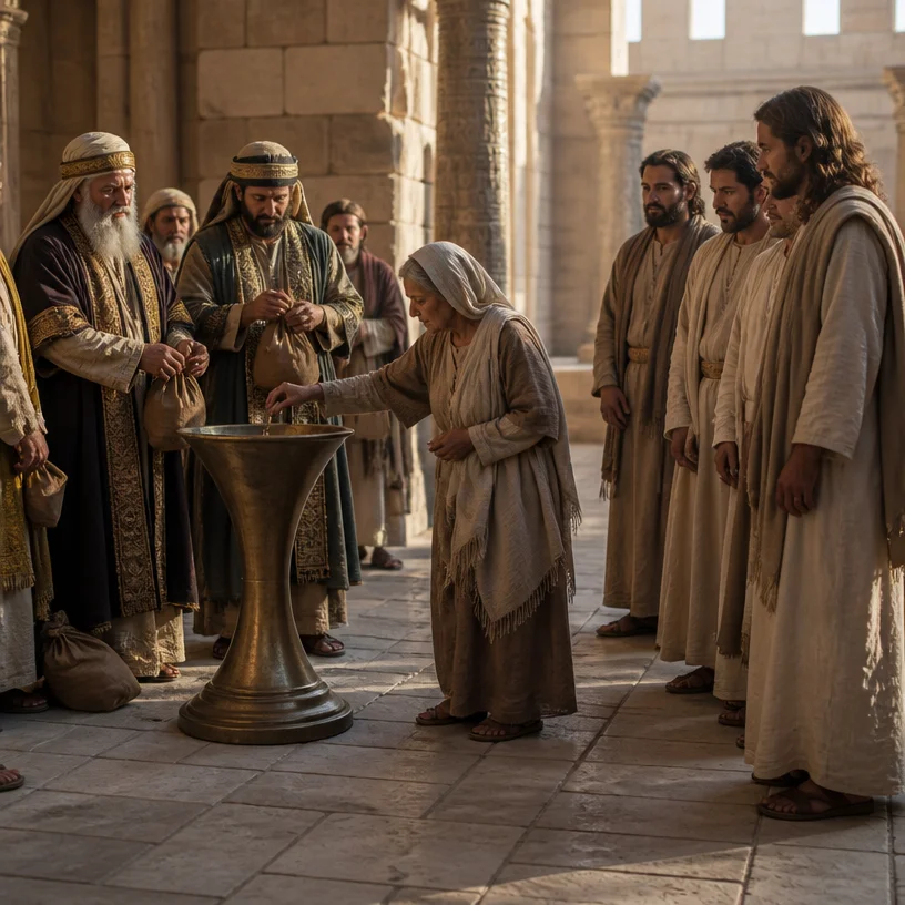photorealistic, RAW photo, inside the ancient Temple Treasury of Jerusalem at golden hour, an elderly widow in simple worn linen robes stands humbly before the bronze trumpet-shaped offering chest and