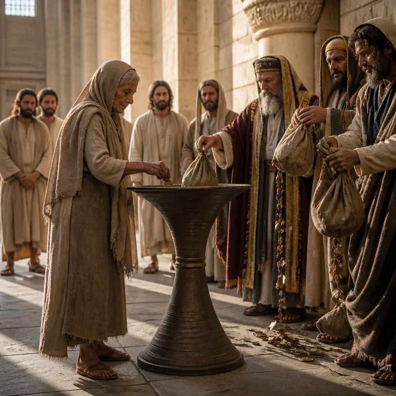 photorealistic, RAW photo, inside the ancient Temple Treasury of Jerusalem at golden hour, an elderly widow in simple worn linen robes stands humbly before the bronze trumpet-shaped offering chest and