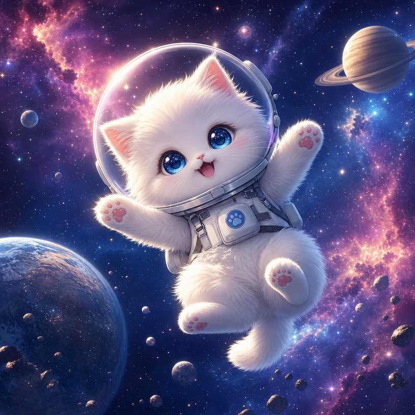 anime style, super cute space cat, fluffy white cat, big sparkling eyes, tiny astronaut helmet, floating in zero gravity, outer space, colorful nebula, distant planets, full body, rim lighting, soft l