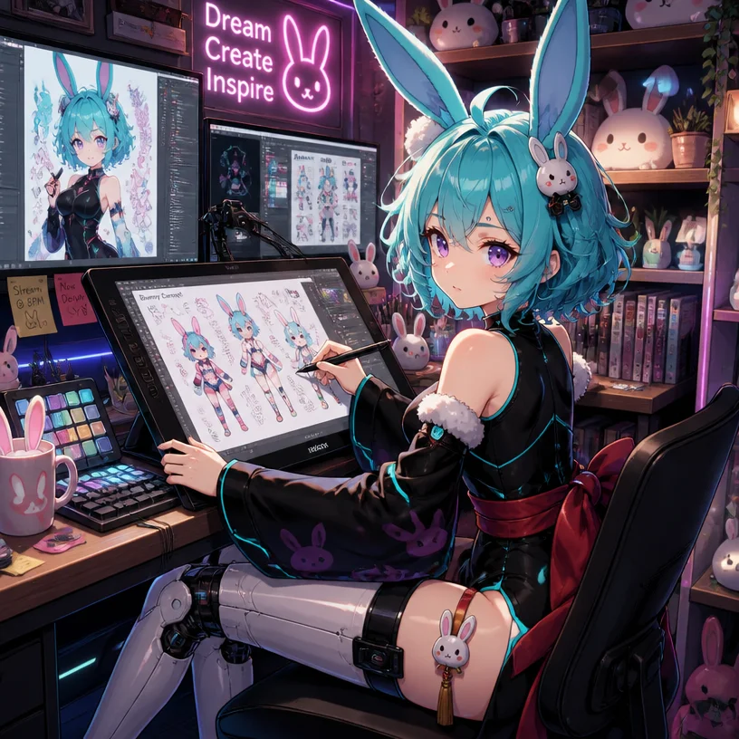 A cute anime-style bunny girl with large teal rabbit ears, short fluffy curly turquoise hair, and bright violet eyes, wearing a sleek black bodysuit with glowing cyan trim, detached oversized kimono s