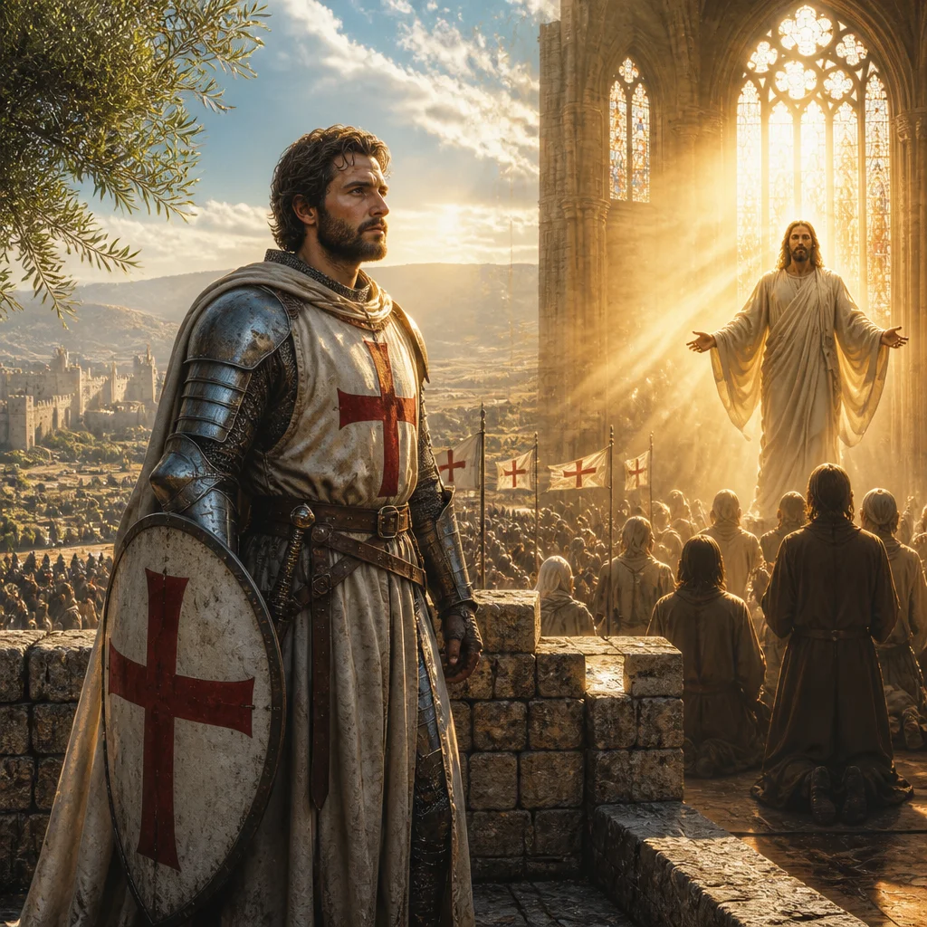 photorealistic, RAW photo, a valiant medieval Christian knight in gleaming plate armor with a bold red cross on his white surcoat and shield stands resolute atop a weathered stone castle battlement ov