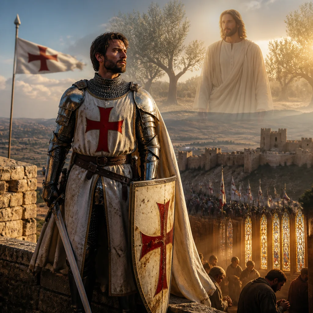photorealistic, RAW photo, a valiant medieval Christian knight in gleaming plate armor with a bold red cross on his white surcoat and shield stands resolute atop a weathered stone castle battlement ov