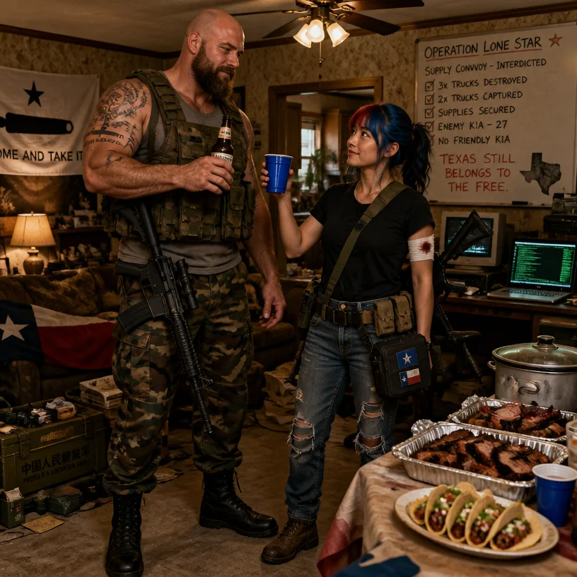 Tectone is about 6'4" tall, bald,  bearded, Caucasian, muscular, with tattoos on his arm, and in his mid 40s. Leaflit is about 5'1" tall, slim, of Japanese ancestry, blue hair with red highlights.

He