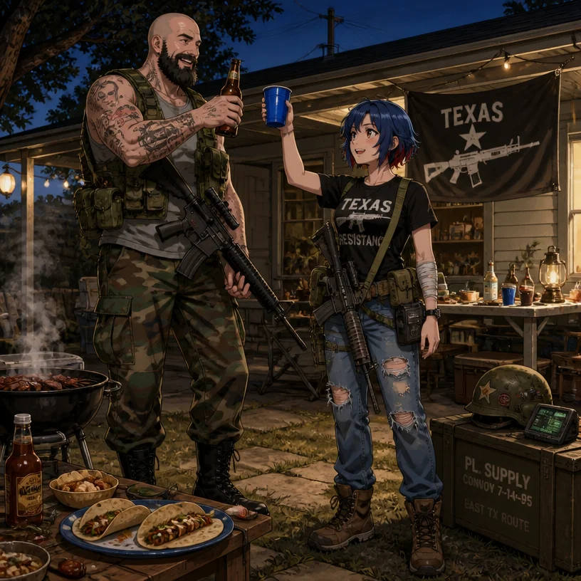 anime style, tectone and leaflit celebrating victory after looting pla supply convoy, texas resistance cell, cassette-futurism retro-futurist 1990s eastern texas residential home, texas bbq homemade t