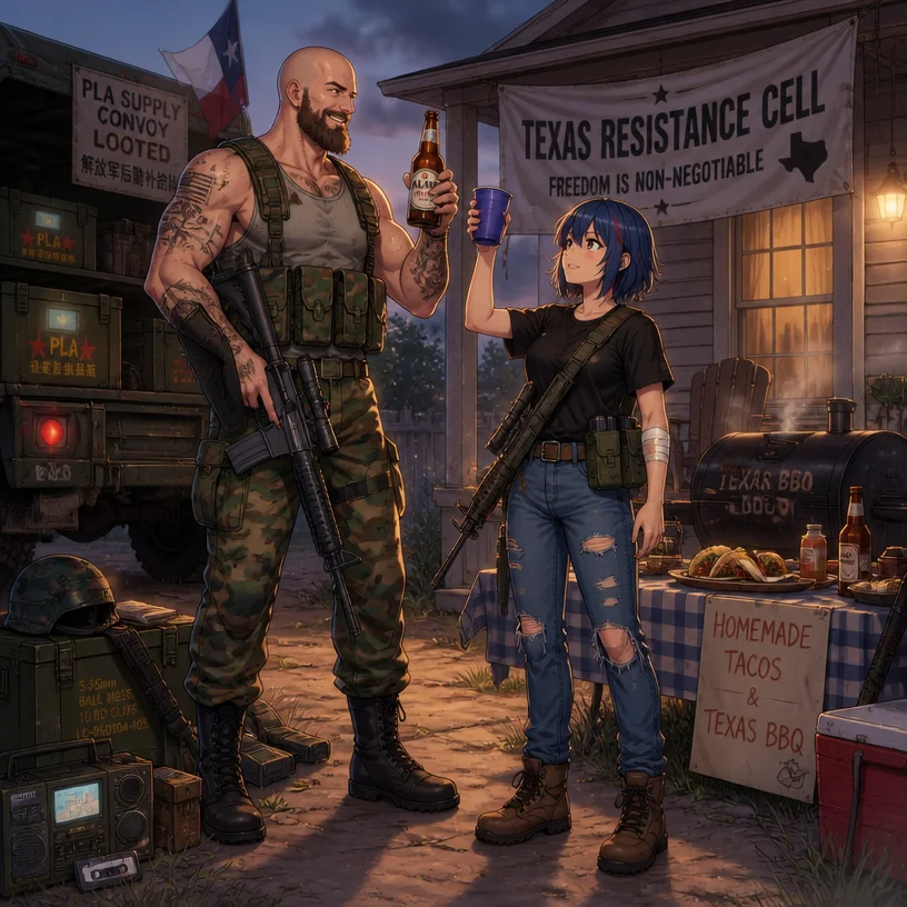 anime style, tectone and leaflit celebrating victory after looting pla supply convoy, texas resistance cell, cassette-futurism retro-futurist 1990s eastern texas residential home, texas bbq homemade t