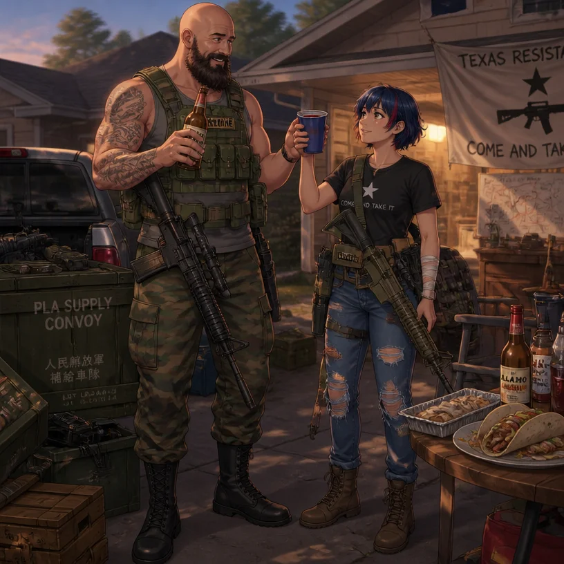 anime style, tectone and leaflit celebrating victory after looting pla supply convoy, texas resistance cell, cassette-futurism retro-futurist 1990s eastern texas residential home, texas bbq homemade t