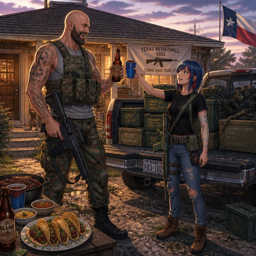 anime style, tectone and leaflit celebrating victory after looting pla supply convoy, texas resistance cell, cassette-futurism retro-futurist 1990s eastern texas residential home, texas bbq homemade t
