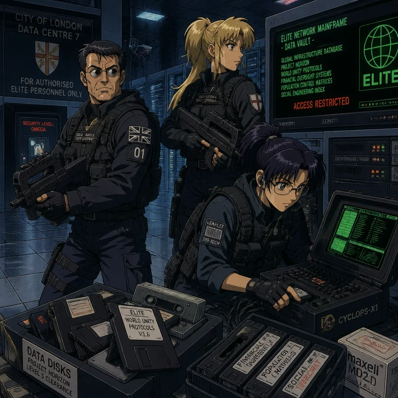 I'd like to Tom Luongo, Kirsche Verstahl, and Leaflit raiding a City of London/Elite's data center. 

What they're doing is liberating data disks and hard floppy disks containing information that'd si