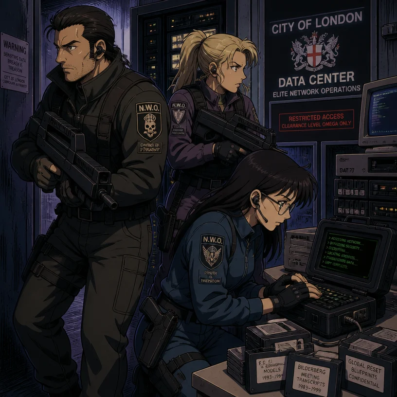 I'd like to Tom Luongo, Kirsche Verstahl, and Leaflit raiding a City of London/Elite's data center. 

What they're doing is liberating data disks and hard floppy disks containing information that'd si