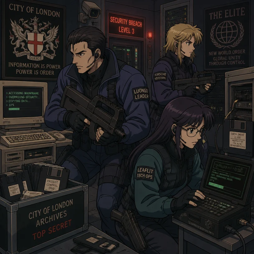 I'd like to Tom Luongo, Kirsche Verstahl, and Leaflit raiding a City of London/Elite's data center. 

What they're doing is liberating data disks and hard floppy disks containing information that'd si