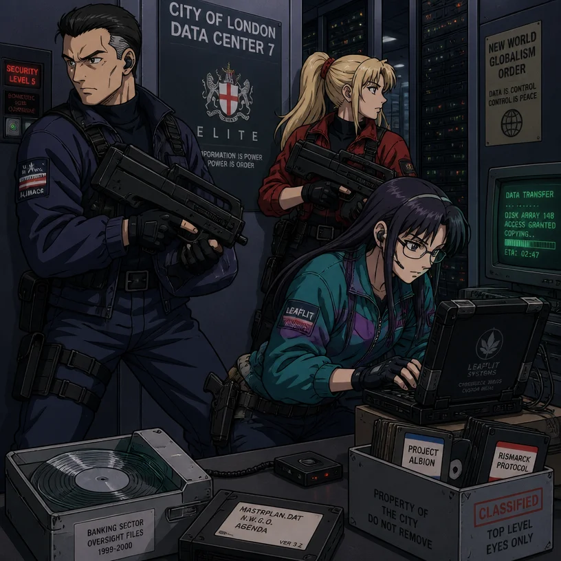 I'd like to Tom Luongo, Kirsche Verstahl, and Leaflit raiding a City of London/Elite's data center. 

What they're doing is liberating data disks and hard floppy disks containing information that'd si