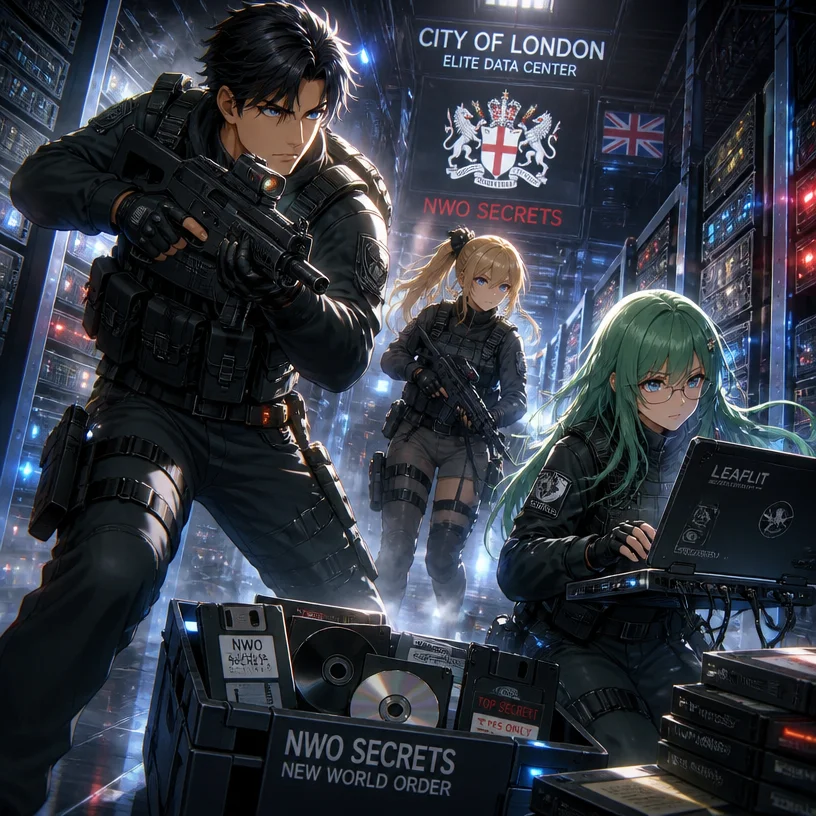 anime style, Tom Luongo, Kirsche Verstahl, Leaflit, raiding City of London elite data center, liberating data disks and floppy disks, New World Order secrets, cassette-futurism, retro 1990s futurism, 