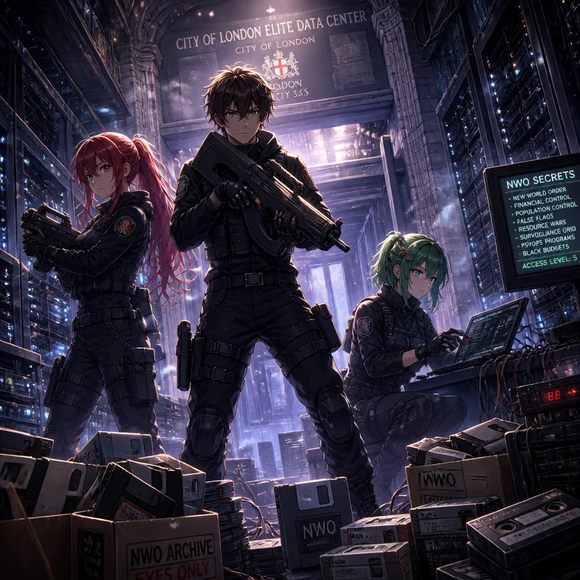 anime style, Tom Luongo, Kirsche Verstahl, Leaflit, raiding City of London elite data center, liberating data disks and floppy disks, New World Order secrets, cassette-futurism, retro 1990s futurism, 