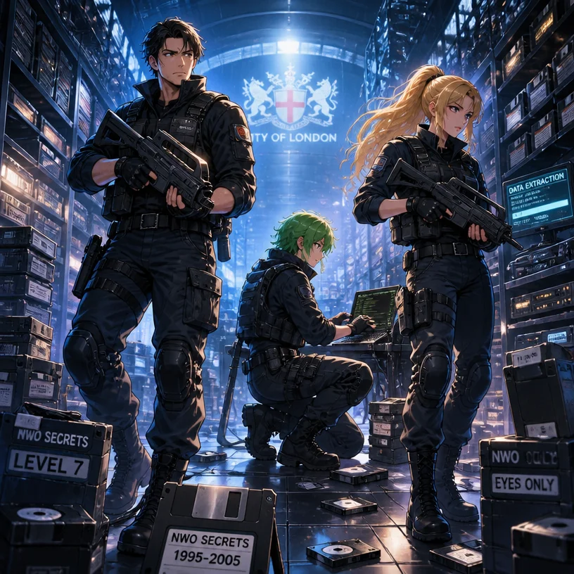 anime style, Tom Luongo, Kirsche Verstahl, Leaflit, raiding City of London elite data center, liberating data disks and floppy disks, New World Order secrets, cassette-futurism, retro 1990s futurism, 
