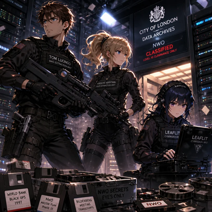 anime style, Tom Luongo, Kirsche Verstahl, Leaflit, raiding City of London elite data center, liberating data disks and floppy disks, New World Order secrets, cassette-futurism, retro 1990s futurism, 