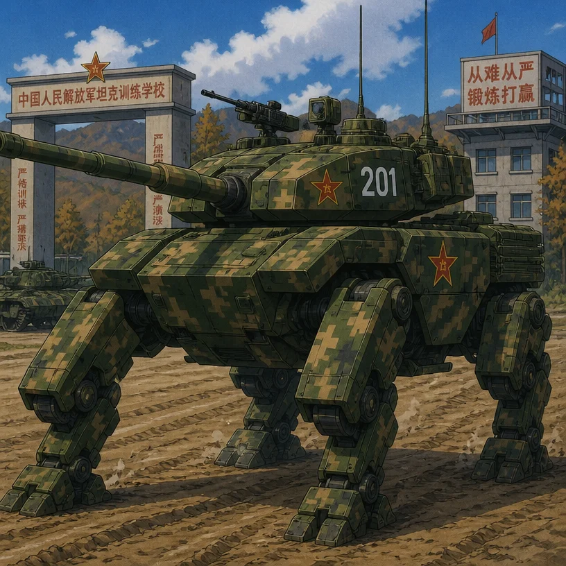 I'd like to design a Chinese People’s Liberation Army mecha. This is a diesel powered quadrupedal mecha based on the ZTZ-99 main battle tank. Instead of traditional tank treads, it has 4 armored legs,