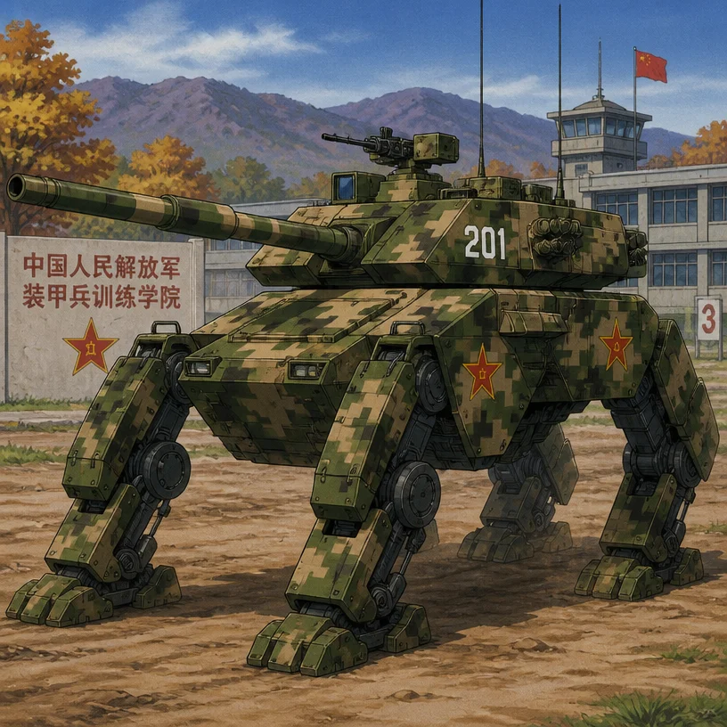 I'd like to design a Chinese People’s Liberation Army mecha. This is a diesel powered quadrupedal mecha based on the ZTZ-99 main battle tank. Instead of traditional tank treads, it has 4 armored legs,