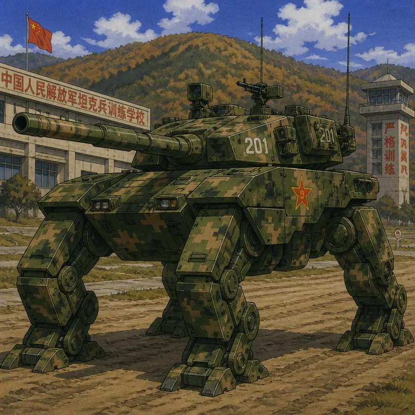I'd like to design a Chinese People’s Liberation Army mecha. This is a diesel powered quadrupedal mecha based on the ZTZ-99 main battle tank. Instead of traditional tank treads, it has 4 armored legs,