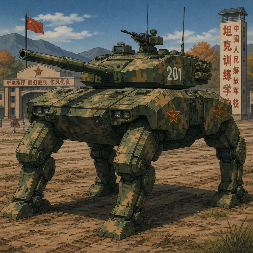 I'd like to design a Chinese People’s Liberation Army mecha. This is a diesel powered quadrupedal mecha based on the ZTZ-99 main battle tank. Instead of traditional tank treads, it has 4 armored legs,