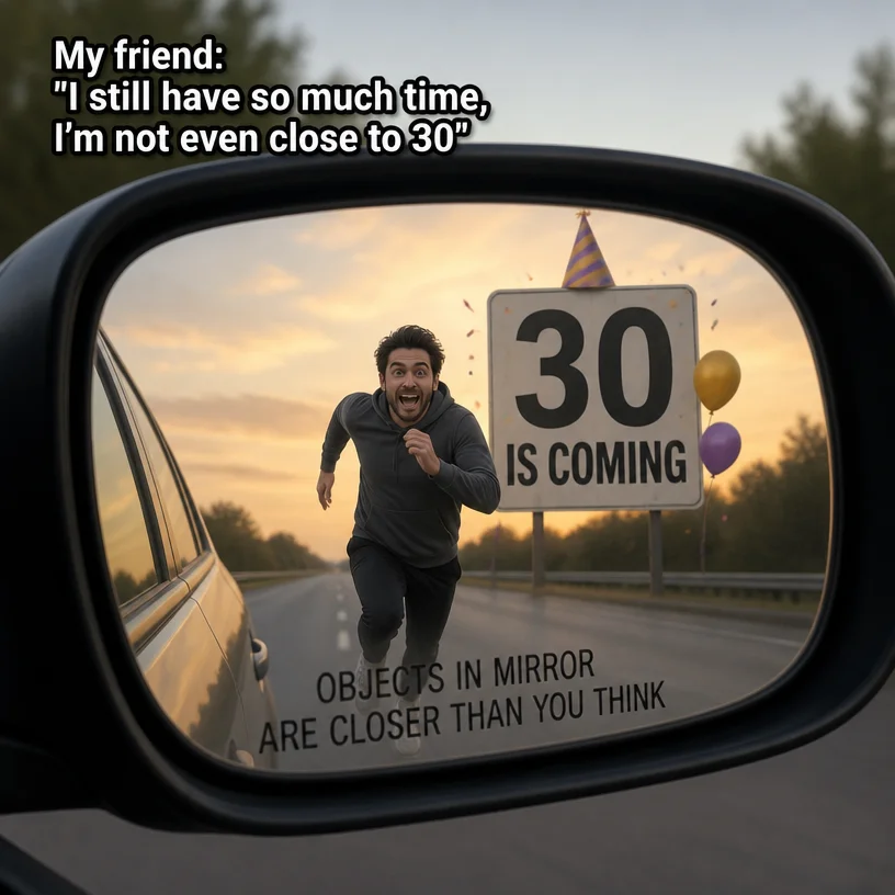 i need a meme about objects in mirror are closer than You think with my friend getting close to 30 yo