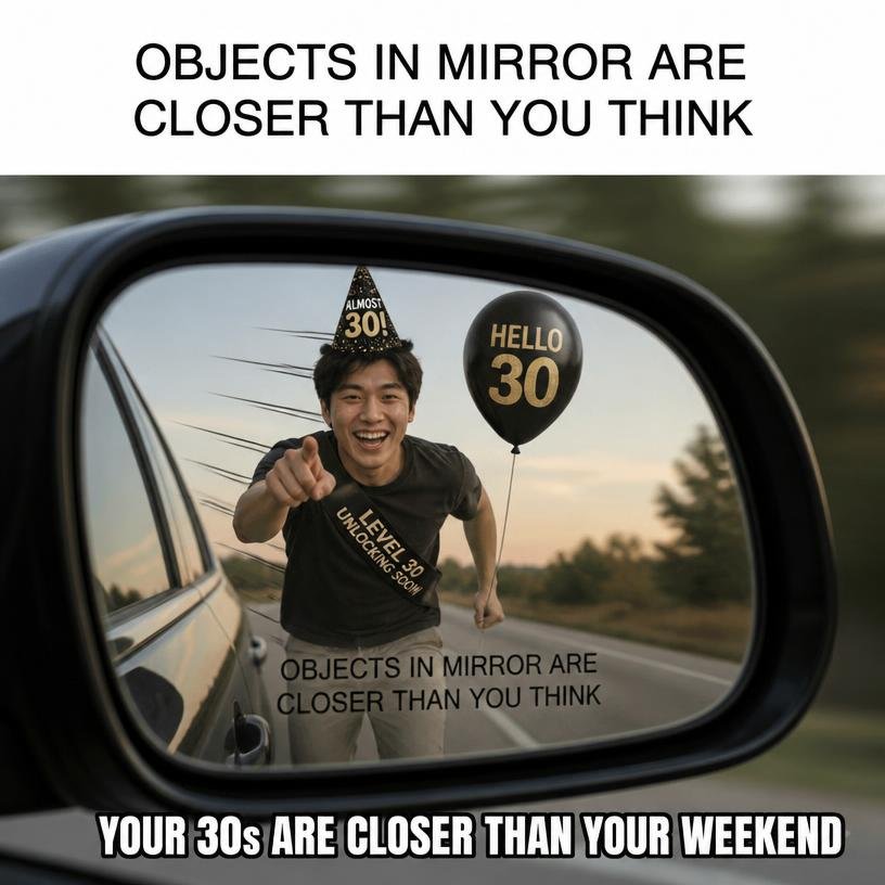 i need a meme about objects in mirror are closer than You think with my friend getting close to 30 yo