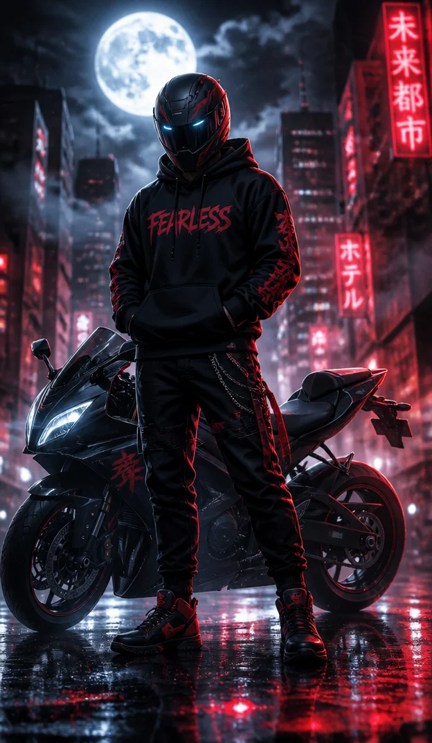 anime style, dark gray motorcycle helmet with red elements and black tinted visor, glowing blue bolt-like eyes, black hoodie with red "FEARLESS" writing, black jeans, black motorcycle shoes with red e