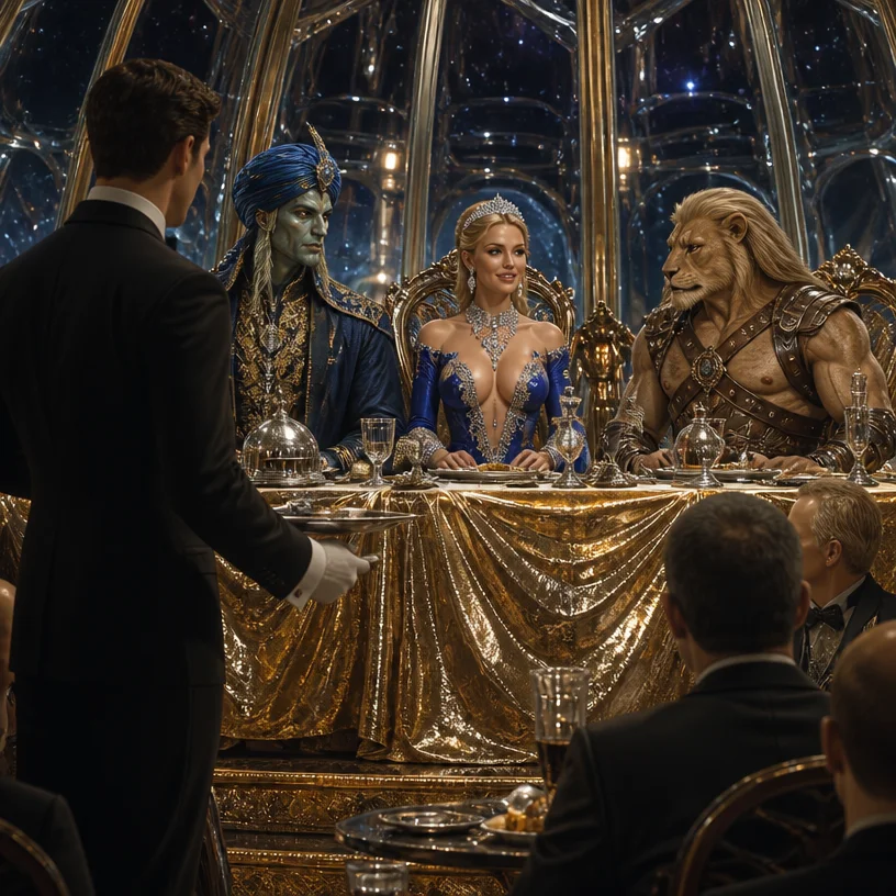 Scene: head table, in an opulent transparent domed dining area, looking out into a star field. The head table is on a slightly raised stage, with a shimmering gold lame tablecloth and silver dishes, u