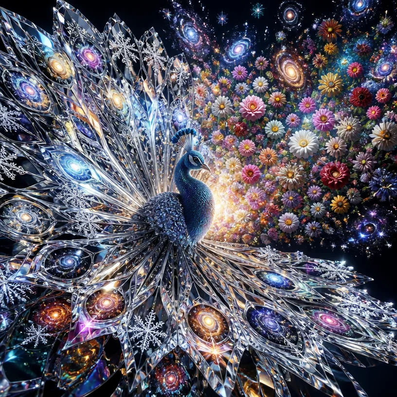 Photorealistic. Crystal cosmic peacock with reflective snowflake silk lace feathers. The reflectivity of the feathers should be near 100%, similar to a perfect mirror, without grayness. The feathers c