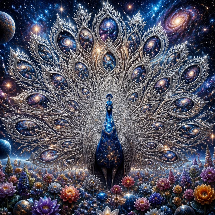 Photorealistic. Crystal cosmic peacock with reflective snowflake silk lace feathers. The reflectivity of the feathers should be near 100%, similar to a perfect mirror, without grayness. The feathers c