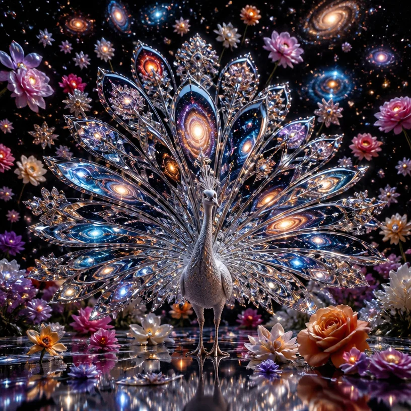 Photorealistic. Crystal cosmic peacock with reflective snowflake silk lace feathers. The reflectivity of the feathers should be near 100%, similar to a perfect mirror, without grayness. The feathers c