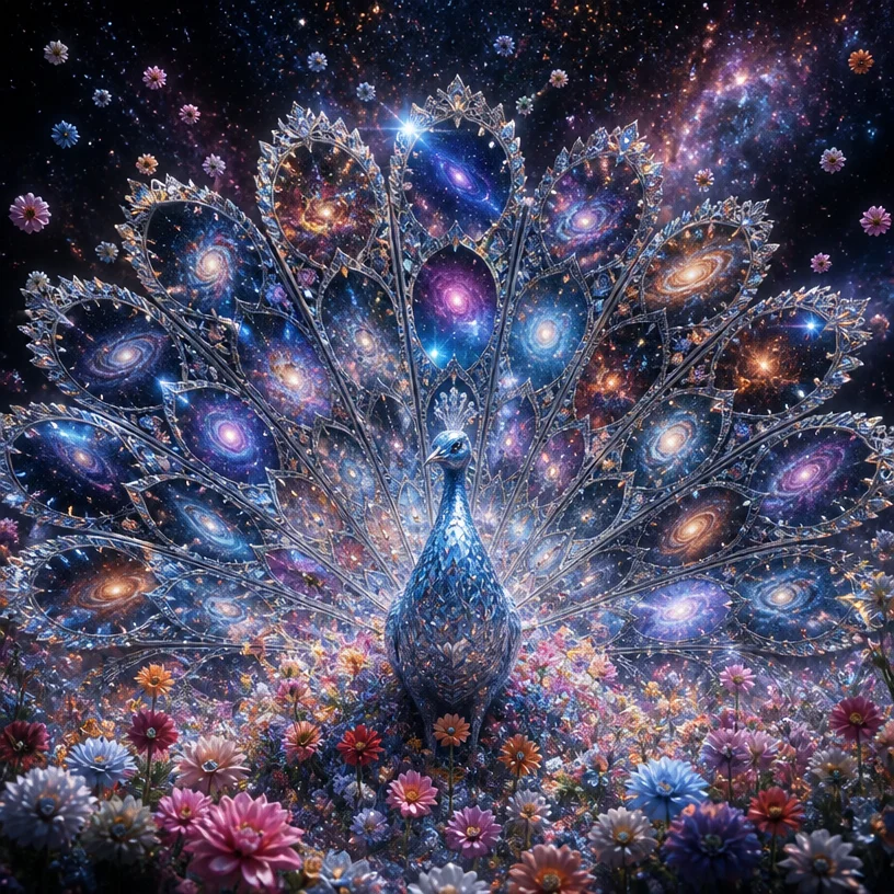 Photorealistic. Crystal cosmic peacock with reflective snowflake silk lace feathers. The reflectivity of the feathers should be near 100%, similar to a perfect mirror, without grayness. The feathers c