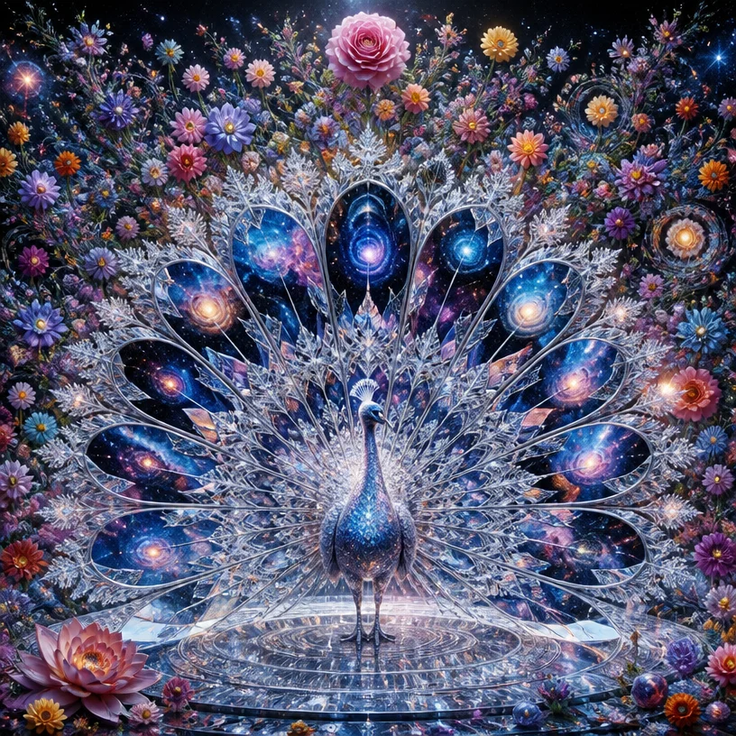 Very detailed. Crystal cosmic peacock with reflective snowflake silk lace feathers. The reflectivity of the feathers should be near 100%, similar to a perfect mirror, without grayness. The feathers cl