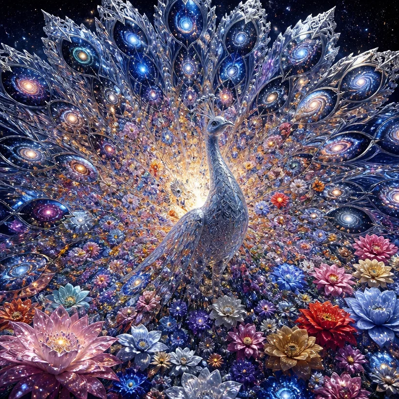 Very detailed. Crystal cosmic peacock with reflective snowflake silk lace feathers. The reflectivity of the feathers should be near 100%, similar to a perfect mirror, without grayness. The feathers cl