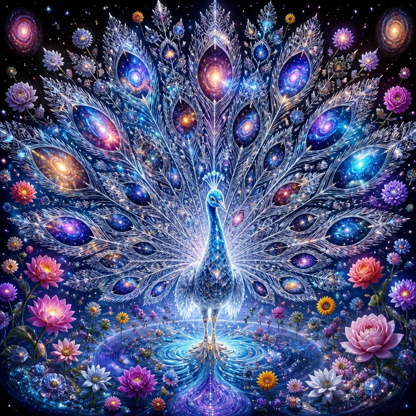 Very detailed. Crystal cosmic peacock with reflective snowflake silk lace feathers. The reflectivity of the feathers should be near 100%, similar to a perfect mirror, without grayness. The feathers cl