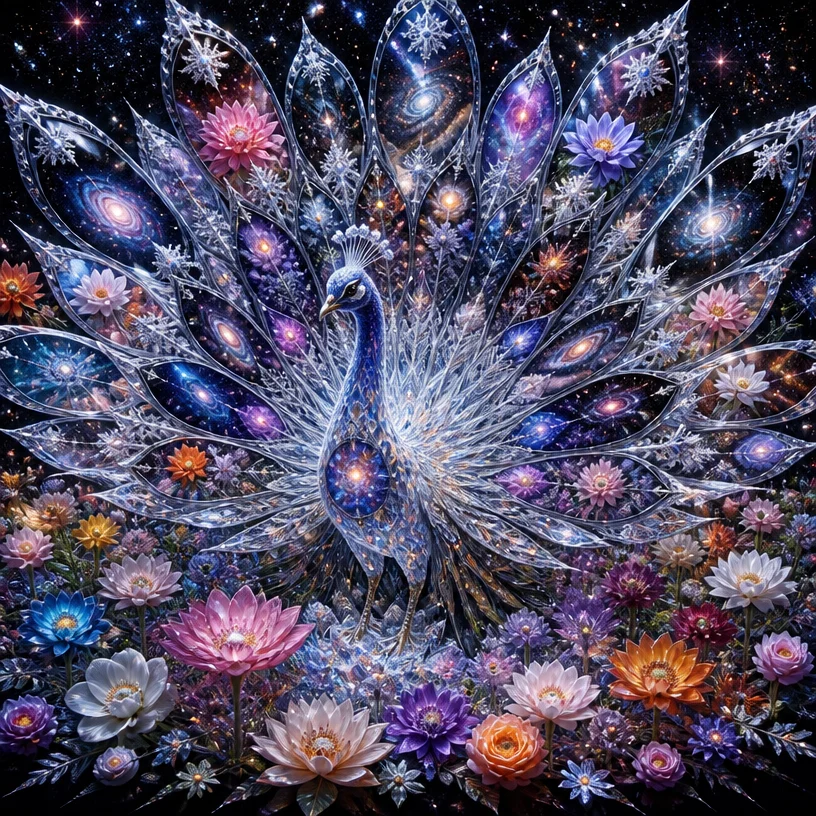 Very detailed. Crystal cosmic peacock with reflective snowflake silk lace feathers. The reflectivity of the feathers should be near 100%, similar to a perfect mirror, without grayness. The feathers cl