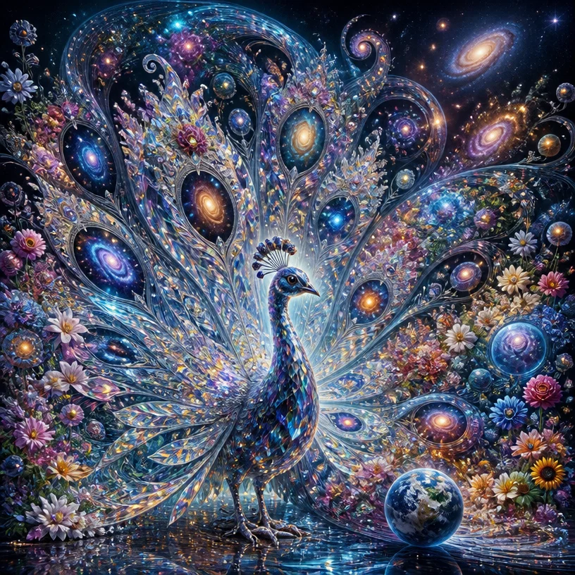 Very detailed. Crystal cosmic peacock with reflective snowflake silk lace feathers. The reflectivity of the feathers should be near 100%, similar to a perfect mirror, without grayness. The feathers cl