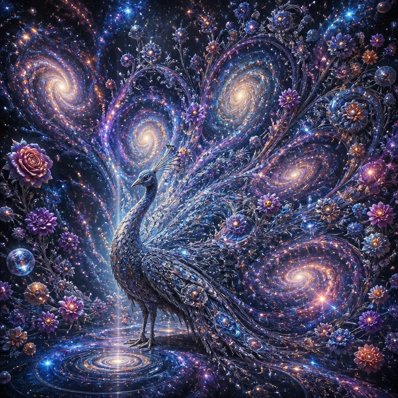 Very detailed. Crystal cosmic peacock with reflective snowflake silk lace feathers. The reflectivity of the feathers should be near 100%, similar to a perfect mirror, without grayness. The feathers cl