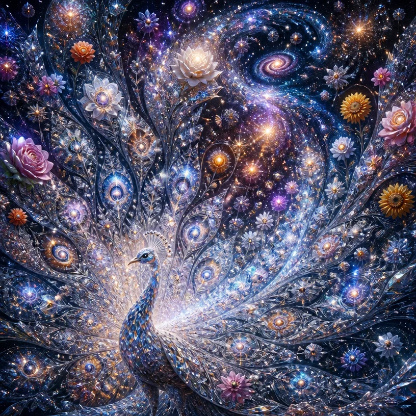 Very detailed. Crystal cosmic peacock with reflective snowflake silk lace feathers. The reflectivity of the feathers should be near 100%, similar to a perfect mirror, without grayness. The feathers cl