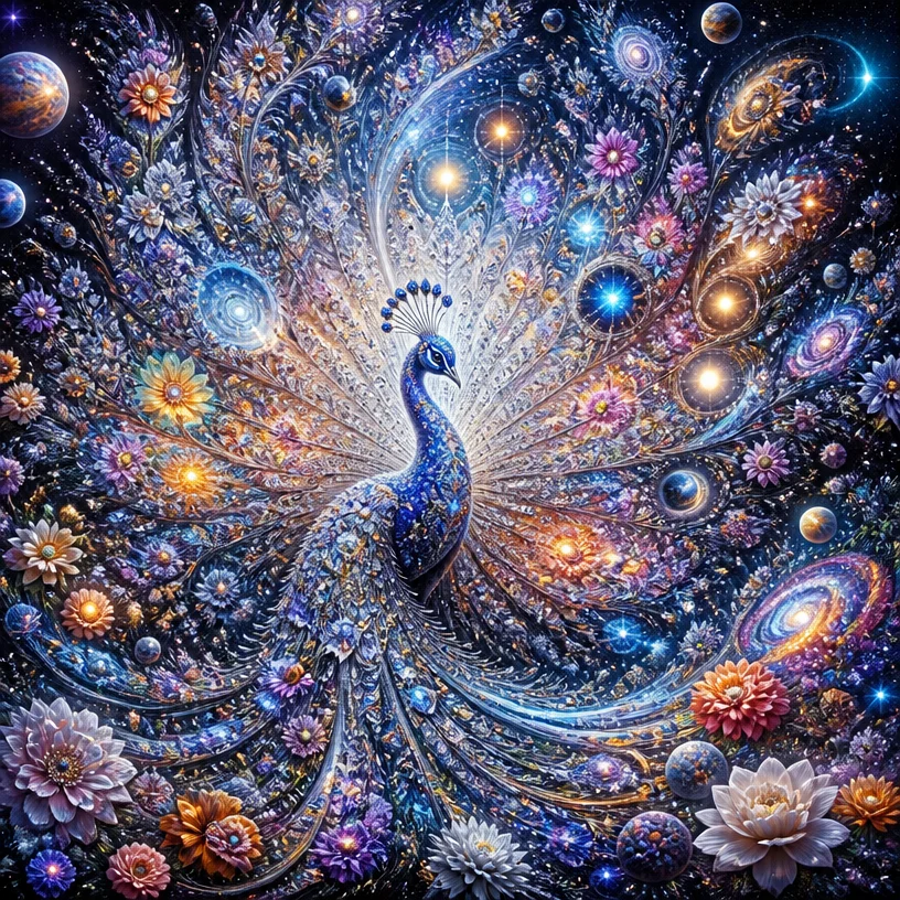 Very detailed. Crystal cosmic peacock with reflective snowflake silk lace feathers. The reflectivity of the feathers should be near 100%, similar to a perfect mirror, without grayness. The feathers cl