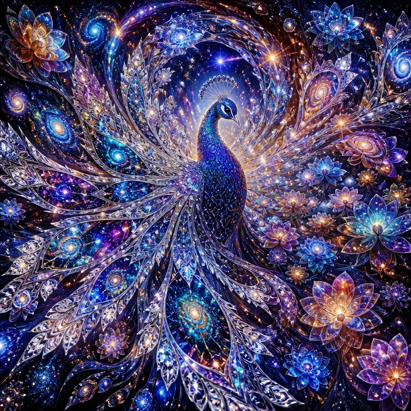 Very detailed. Crystal cosmic peacock with reflective snowflake silk lace feathers. The reflectivity of the feathers should be near 100%, similar to a perfect mirror, without grayness. The feathers cl