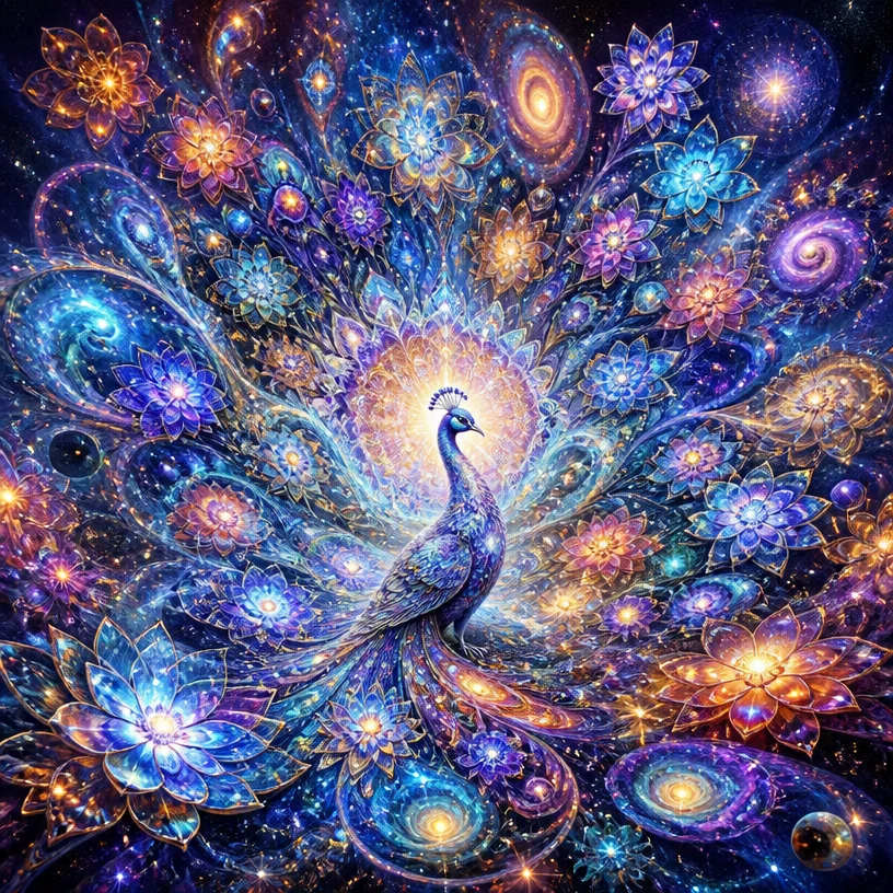Very detailed. Crystal cosmic peacock with reflective snowflake silk lace feathers. The reflectivity of the feathers should be near 100%, similar to a perfect mirror, without grayness. The feathers cl