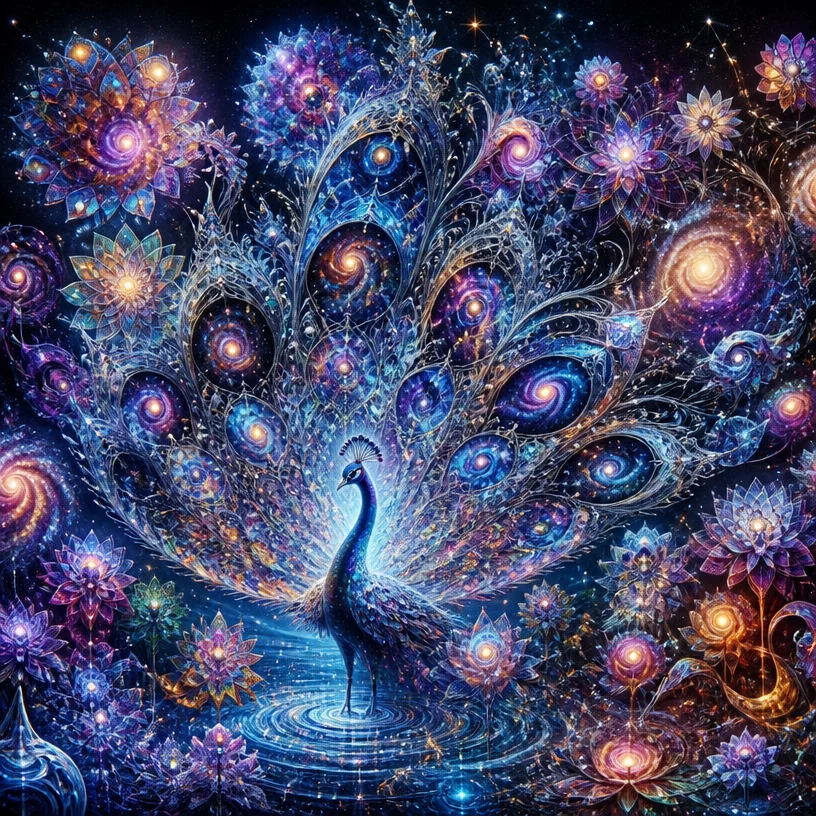 Very detailed. Crystal cosmic peacock with reflective snowflake silk lace feathers. The reflectivity of the feathers should be near 100%, similar to a perfect mirror, without grayness. The feathers cl