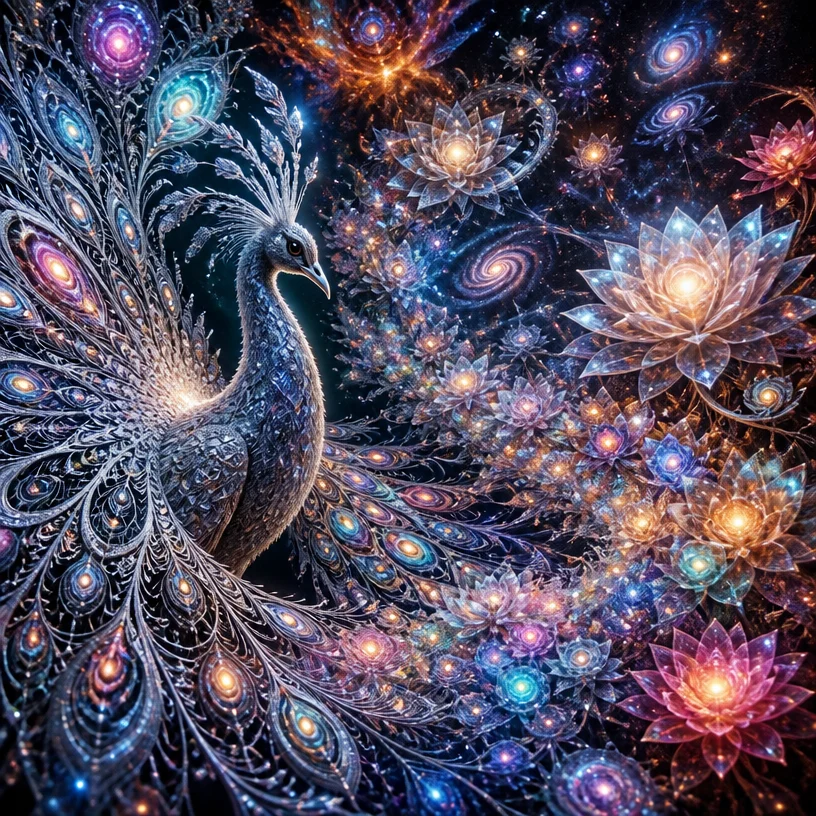 Very detailed. Crystal cosmic peacock with reflective snowflake silk lace feathers. The reflectivity of the feathers should be near 100%, similar to a perfect mirror, without grayness. The feathers cl