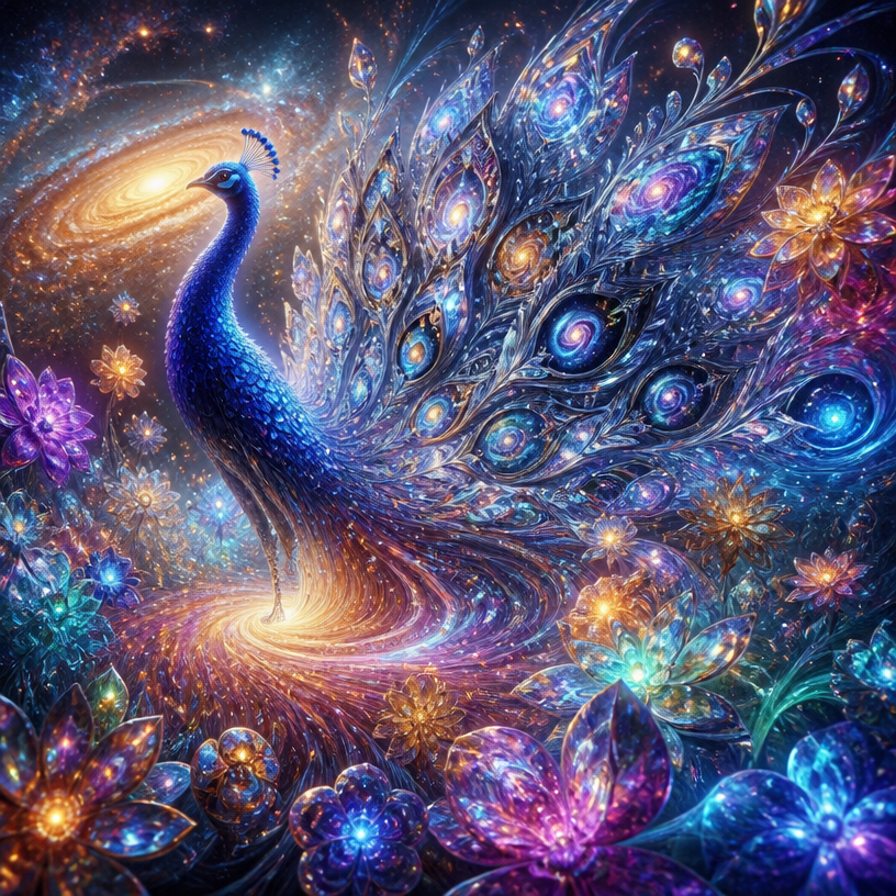 Crystal cosmic peacock with reflective snowflake silk lace feathers of near-perfect mirror reflectivity without grayness, clearly reflecting a realistic swirling galaxy, unfolding its flowing organic 