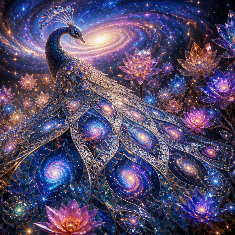 Crystal cosmic peacock with reflective snowflake silk lace feathers of near-perfect mirror reflectivity without grayness, clearly reflecting a realistic swirling galaxy, unfolding its flowing organic 