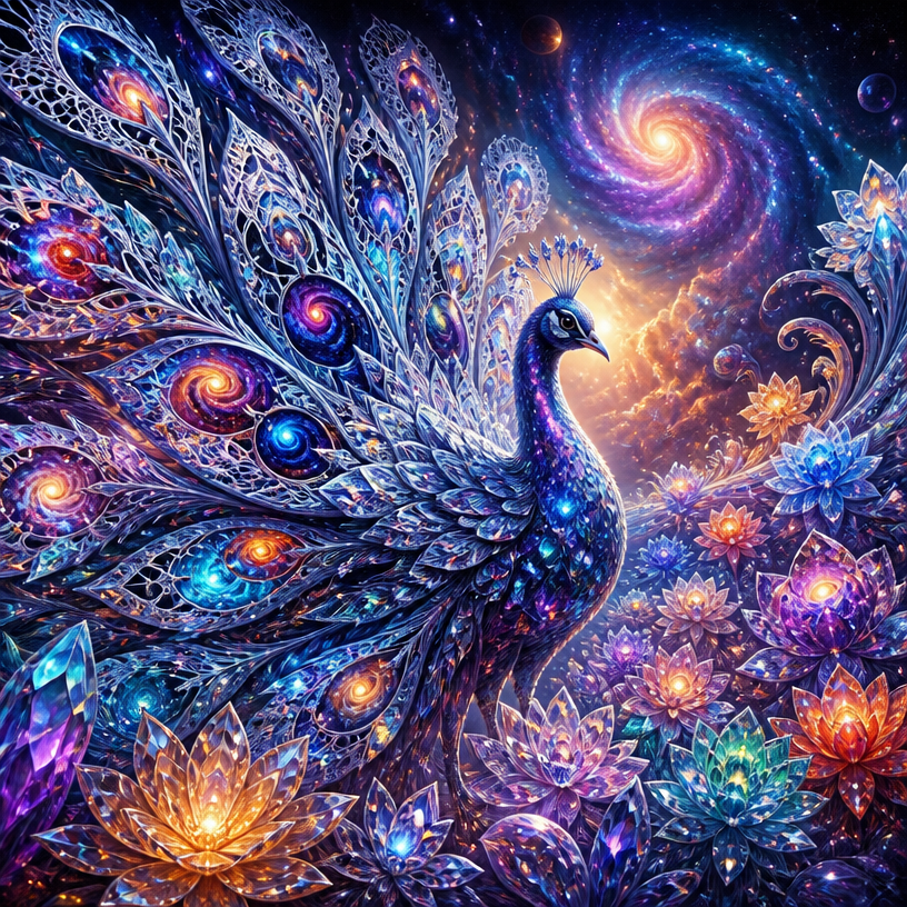 Crystal cosmic peacock with reflective snowflake silk lace feathers of near-perfect mirror reflectivity without grayness, clearly reflecting a realistic swirling galaxy, unfolding its flowing organic 